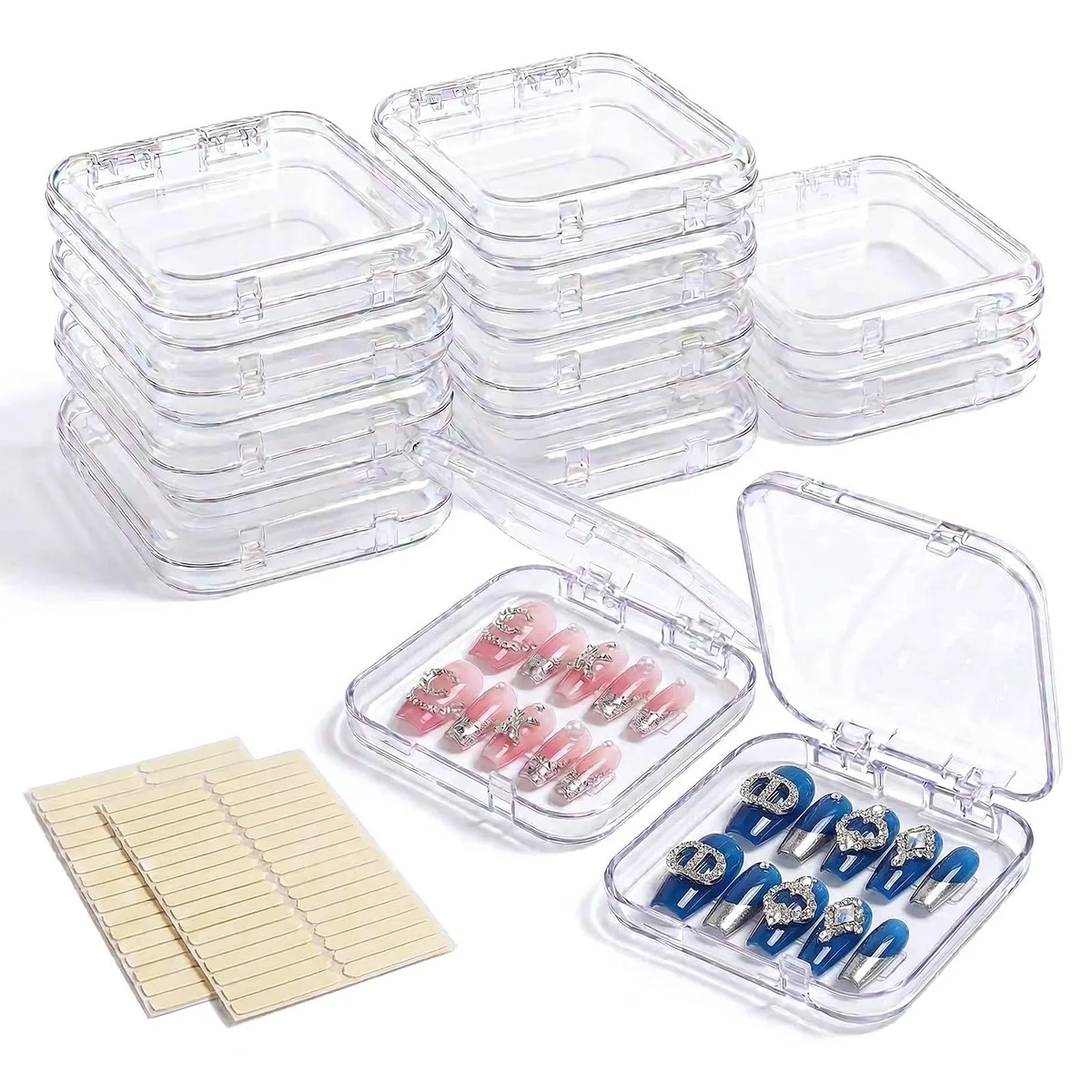 Twelve clear square boxes with lids in a gift box, plus adhesive tape sheets