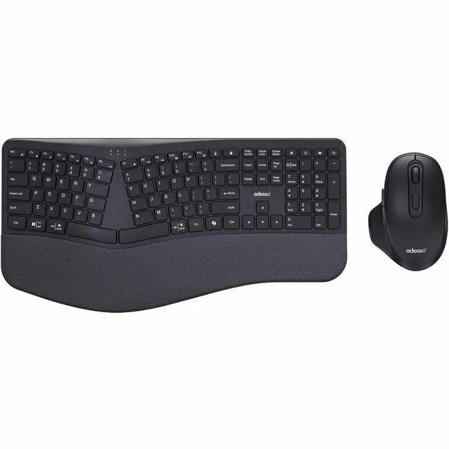 Black split ergonomic keyboard with scissor keys and matching six-button optical mouse