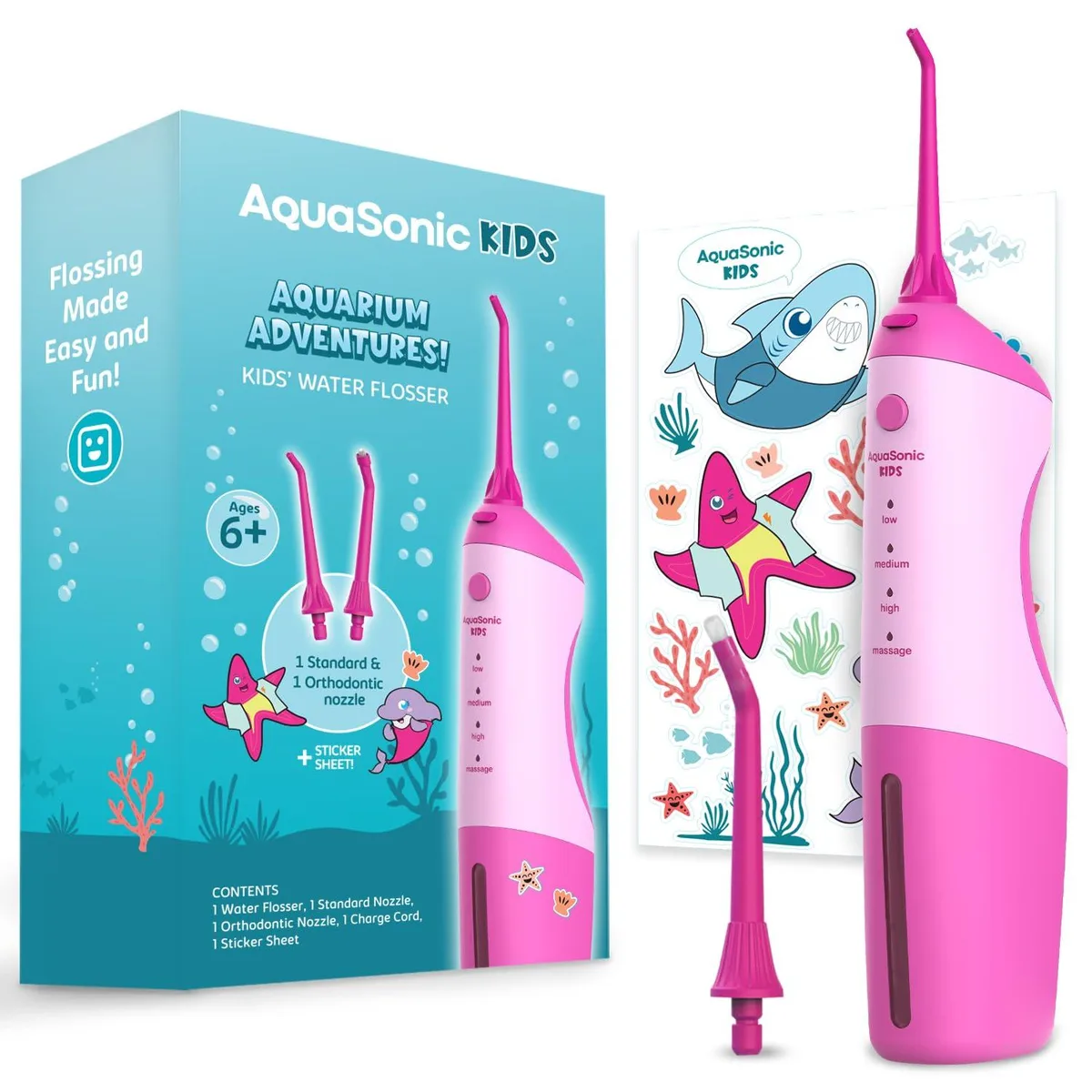 Pink kids water flosser with stickers and two nozzles
