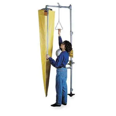 Yellow emergency shower tester with telescoping aluminum pole and weighted nylon funnel