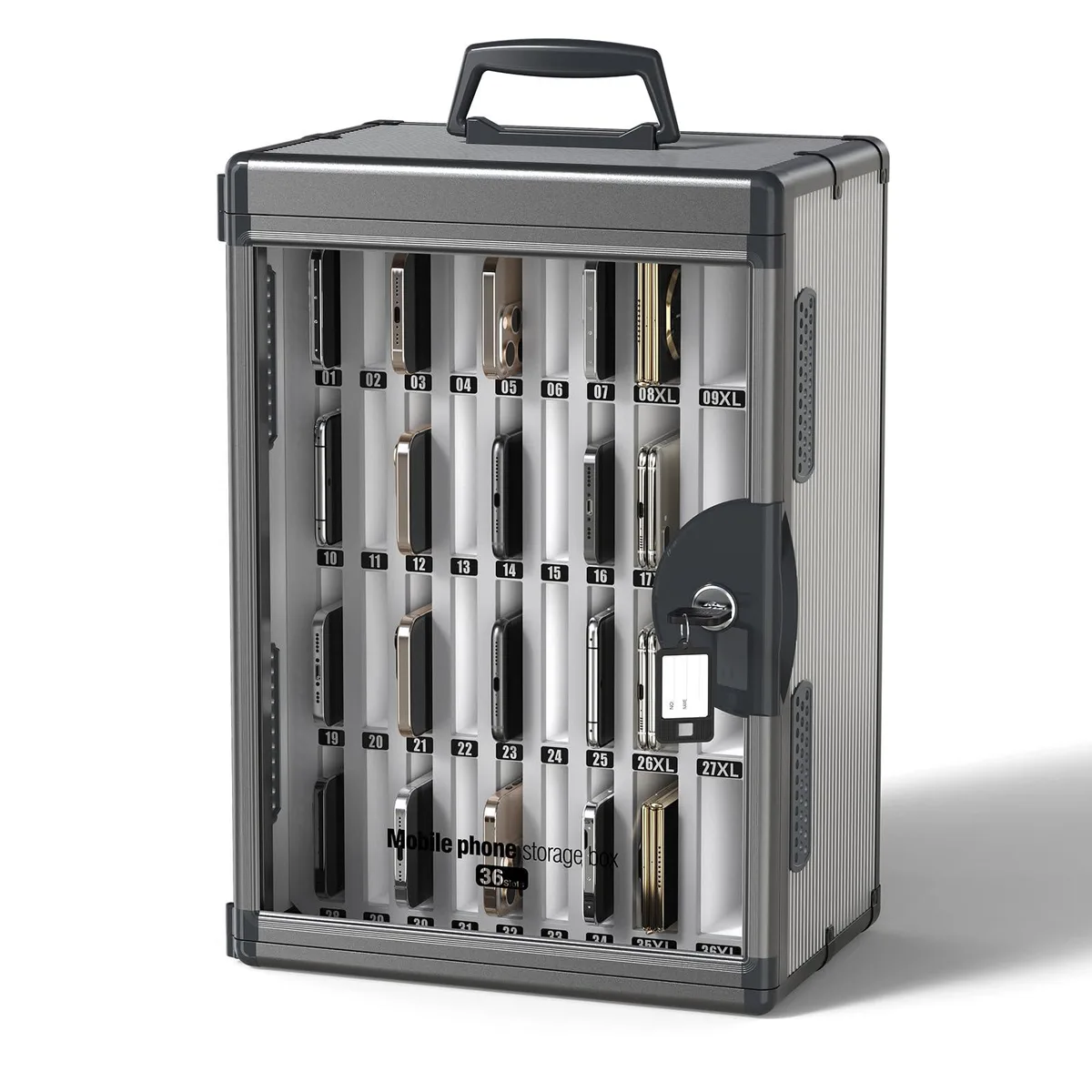 Black aluminum-alloy phone locker, 36 slots, wall-mountable with handle and key lock