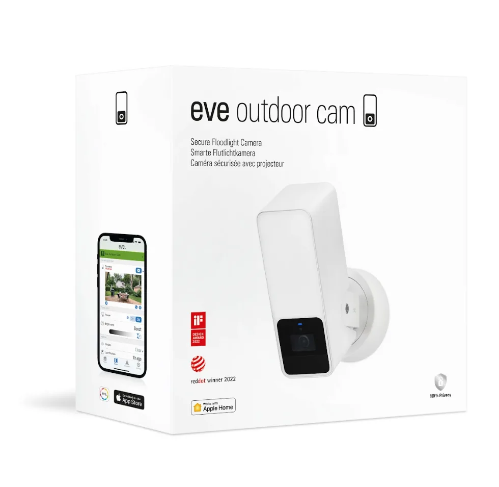 White rectangular floodlight camera with integrated lens and motion sensor