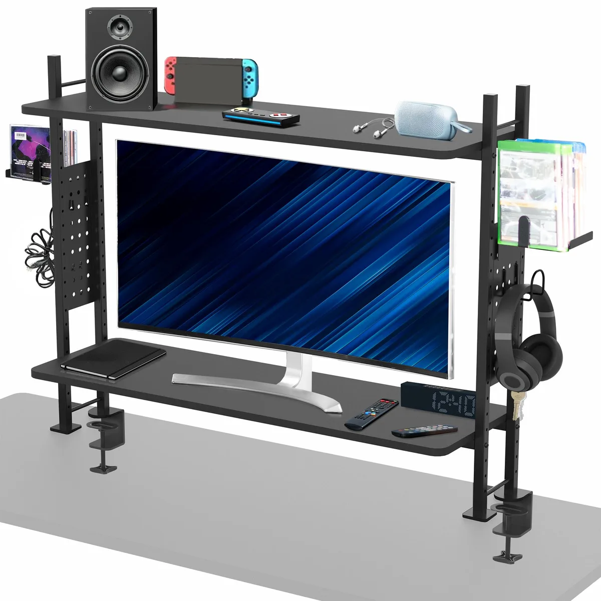 VIVO VIVO Black 40" Clamp-on 2-Tier Gaming Shelf System with Pegboard — product photo