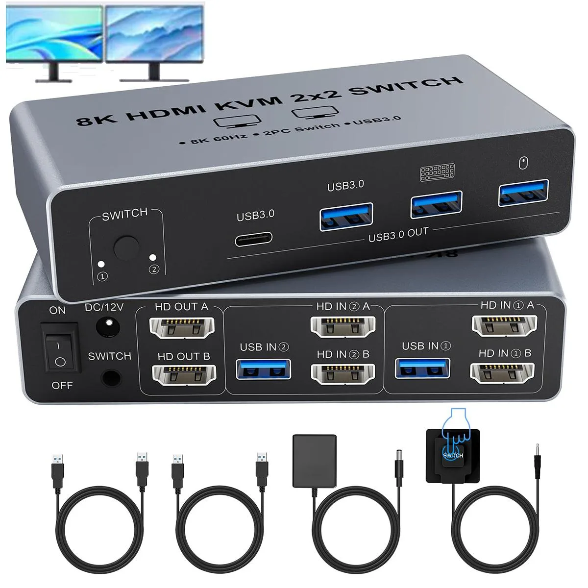IHDAPP IHDAPP 8K@60Hz HDMI Dual Monitor KVM Switch 2 Computers 4-Port USB 3.0 — product photo