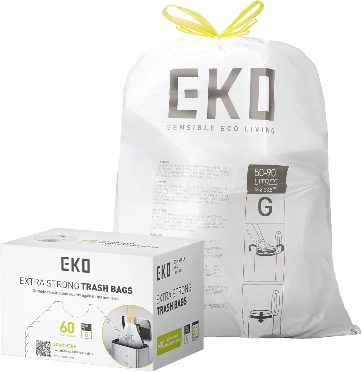  Kekoy EKO Easy-Dispense Drawstring Trash Bags 21 Gallon 60 Count White — product photo