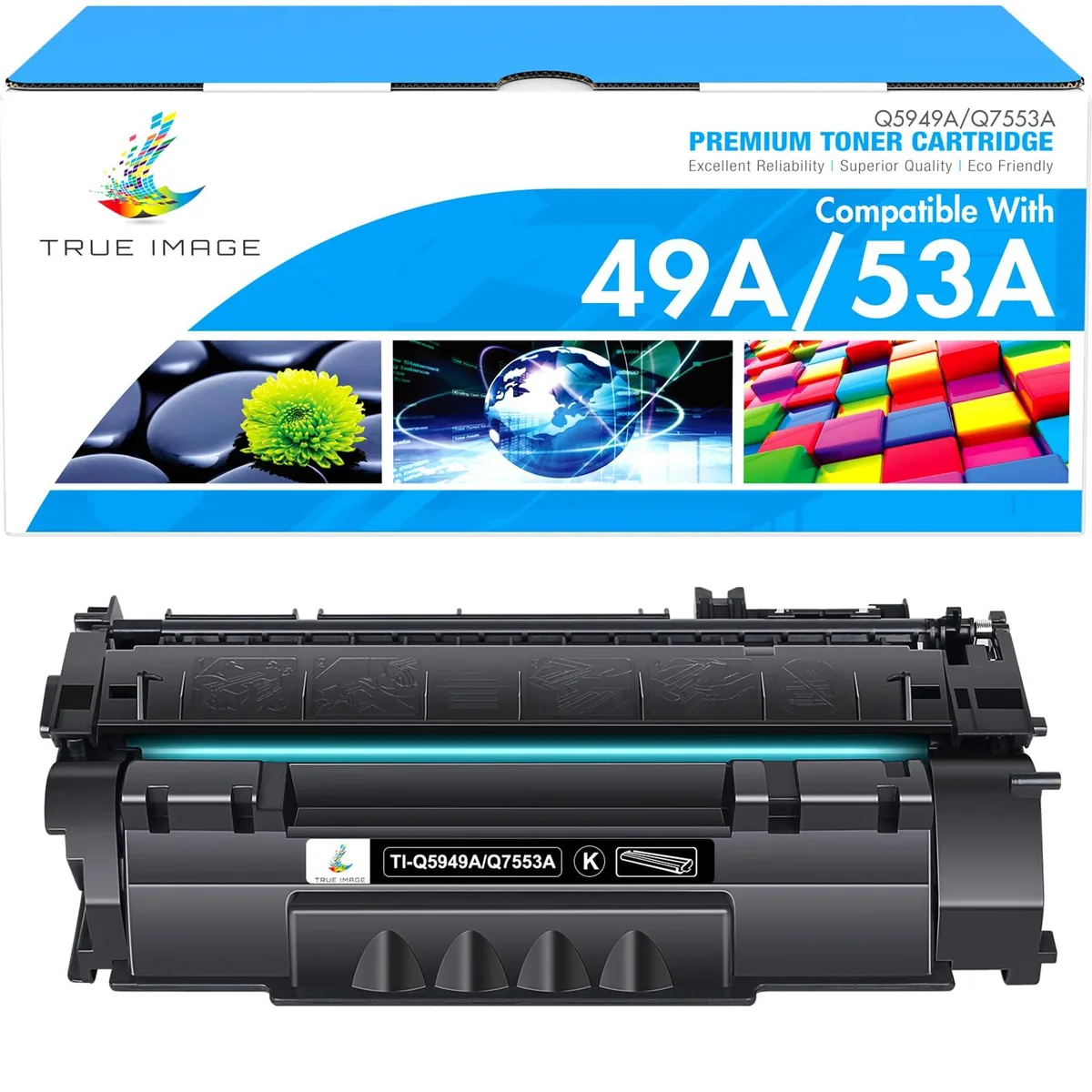 Black rectangular toner cartridge with matte plastic housing and green chip visible