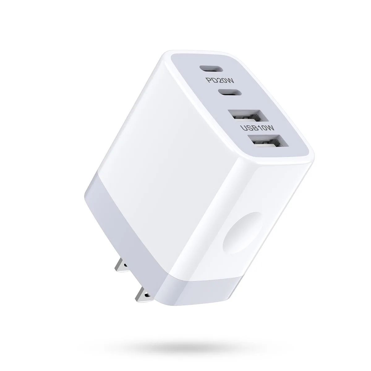 White rectangular wall charger with two USB-C and two USB-A ports