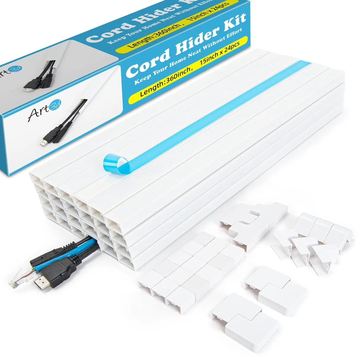 White self-adhesive cable raceway kit with 24 channels and fittings