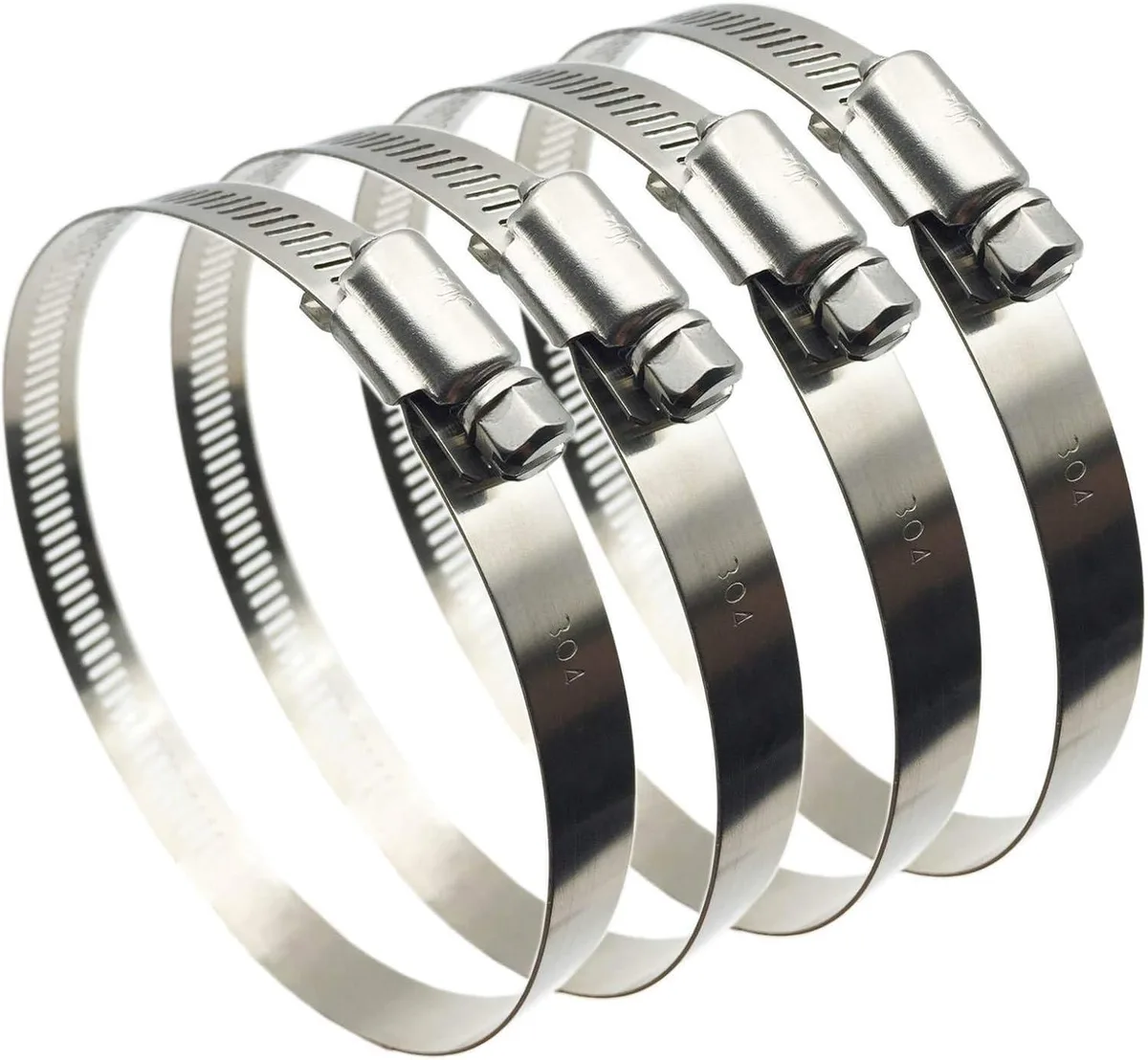 Four silver stainless steel worm-drive hose clamps in a bag