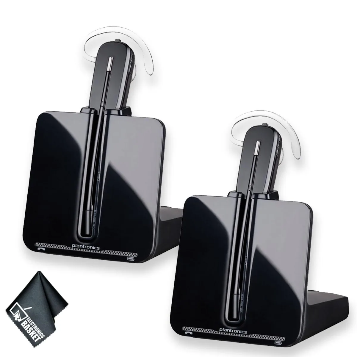 Two Plantronics CS540 wireless headsets with bases, lightweight silver headsets, DECT charging cradles