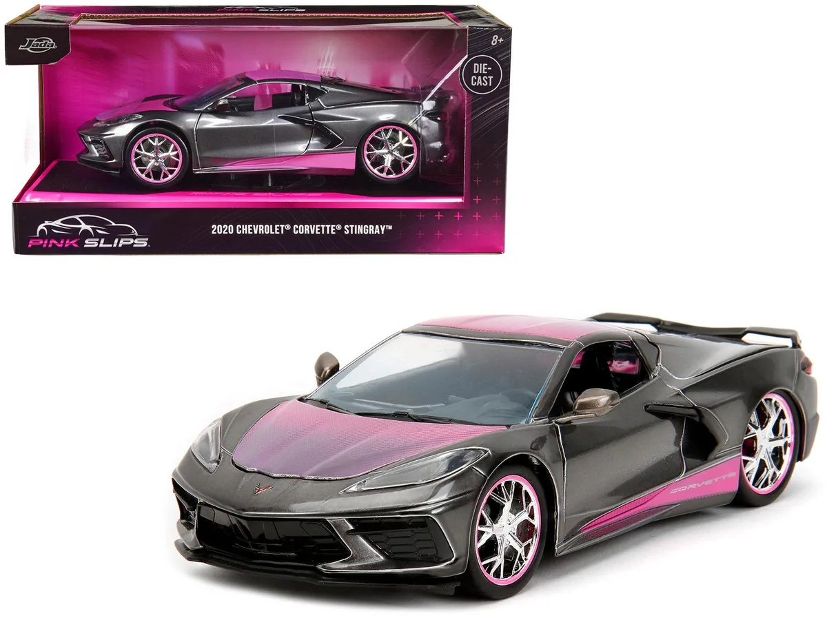 Jada Jada 2020 Chevrolet Corvette Stingray 1/24 Pink Slips Gray Metallic Pink Carbon Hood Top — product photo
