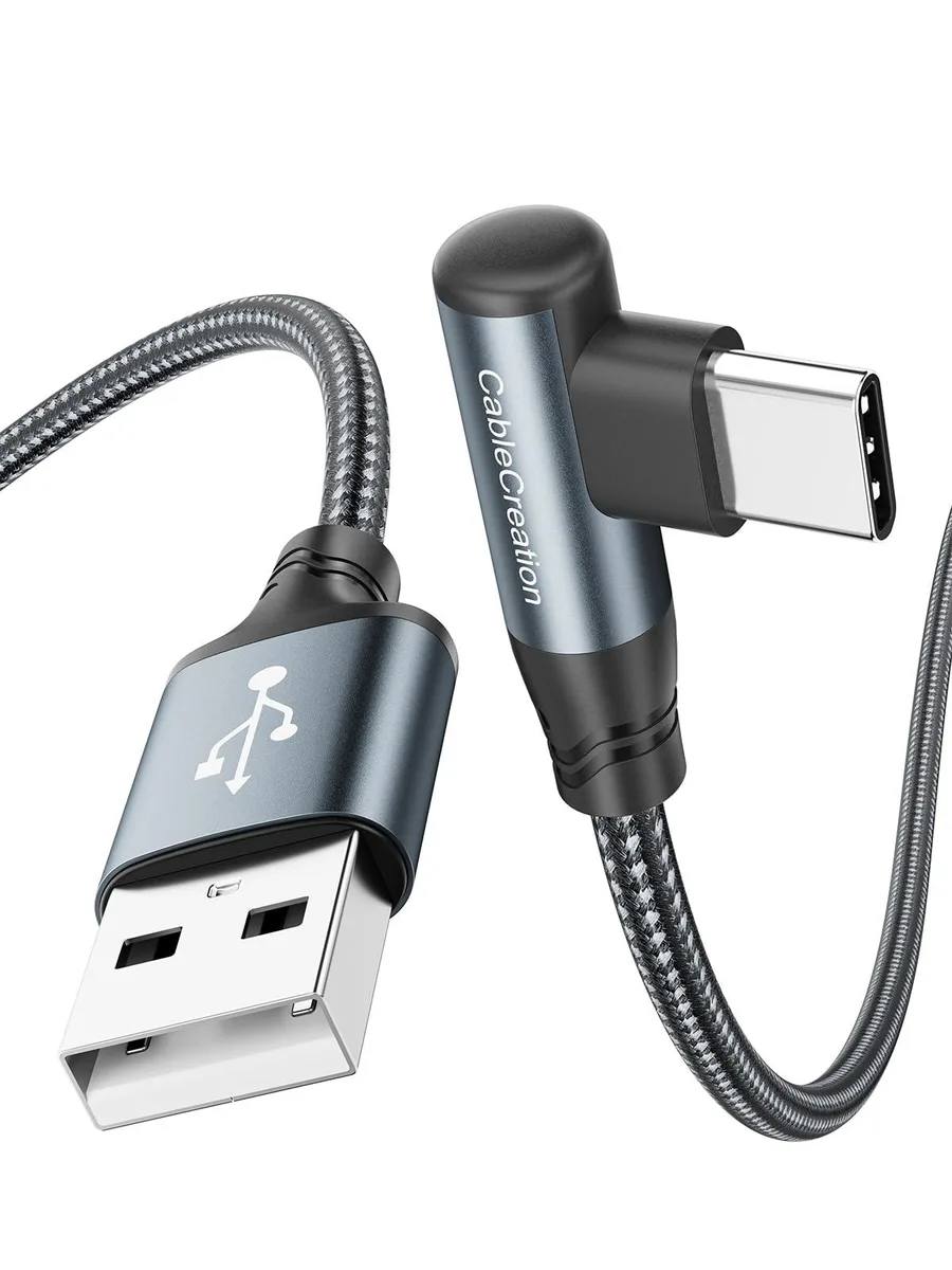 Grey nylon-braided USB-A to USB-C cable with 90-degree right-angle connector, 1.6FT length