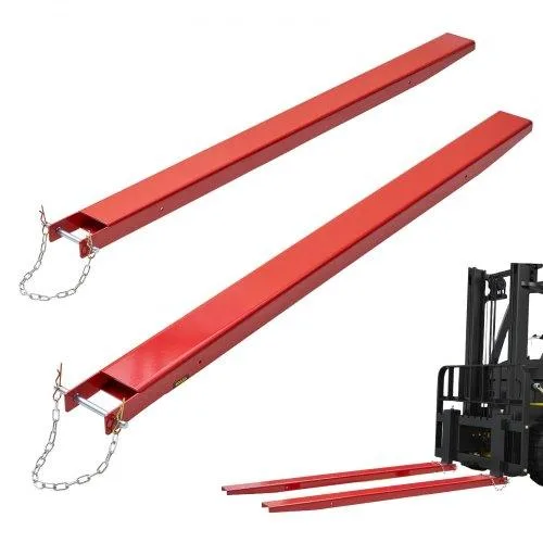 Pair of red steel fork extensions, 72 inches long, powder-coated finish with locking pins