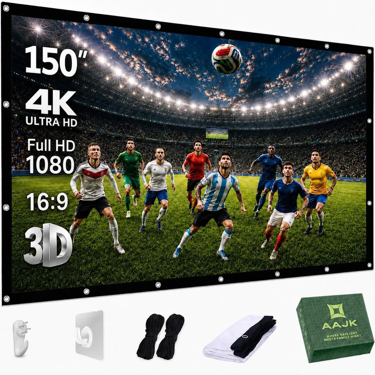 White 150-inch 16:9 polyester projector screen, foldable lightweight design