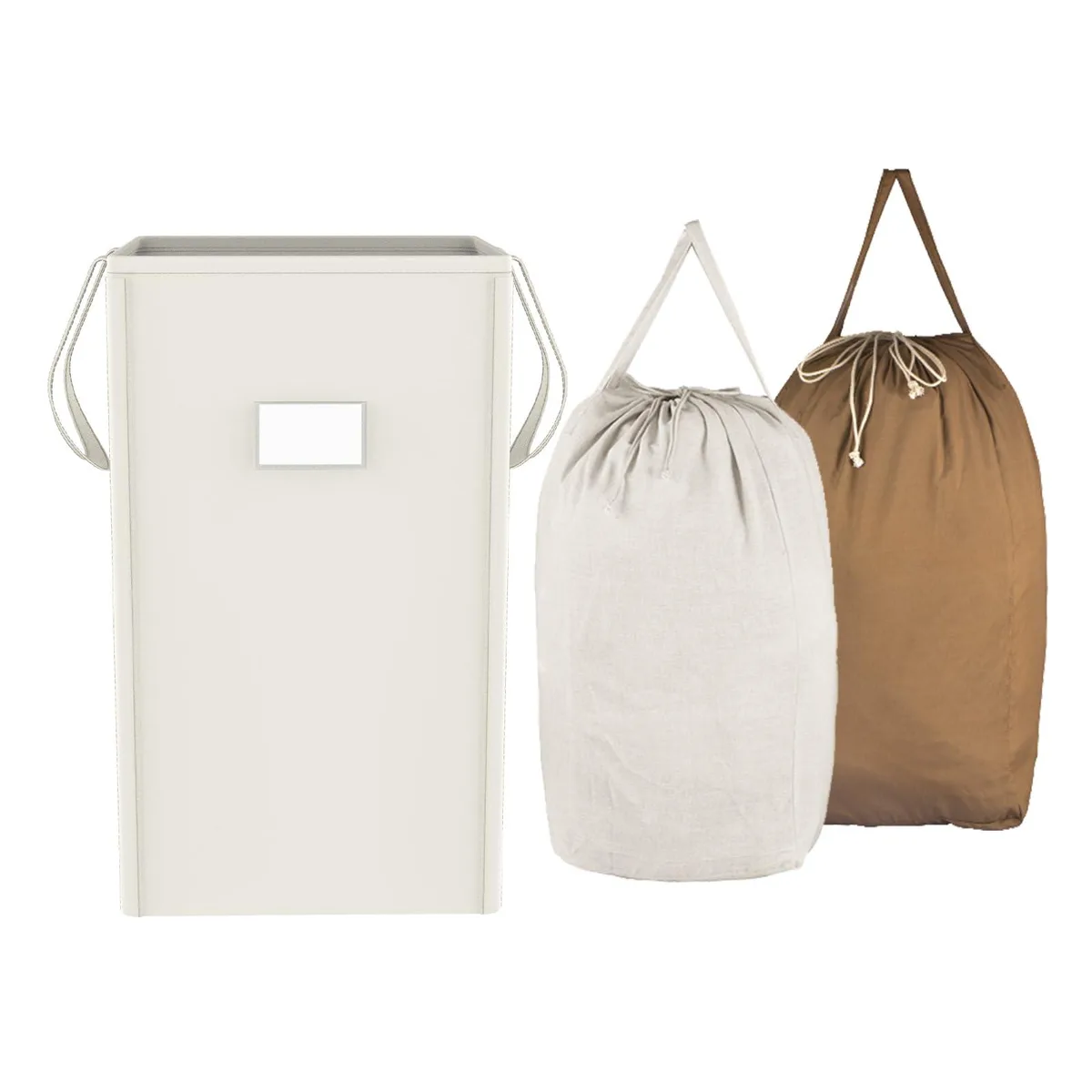Cream-white collapsible laundry hamper with lid and two removable washable bags, folded flat showing handles and front pocket