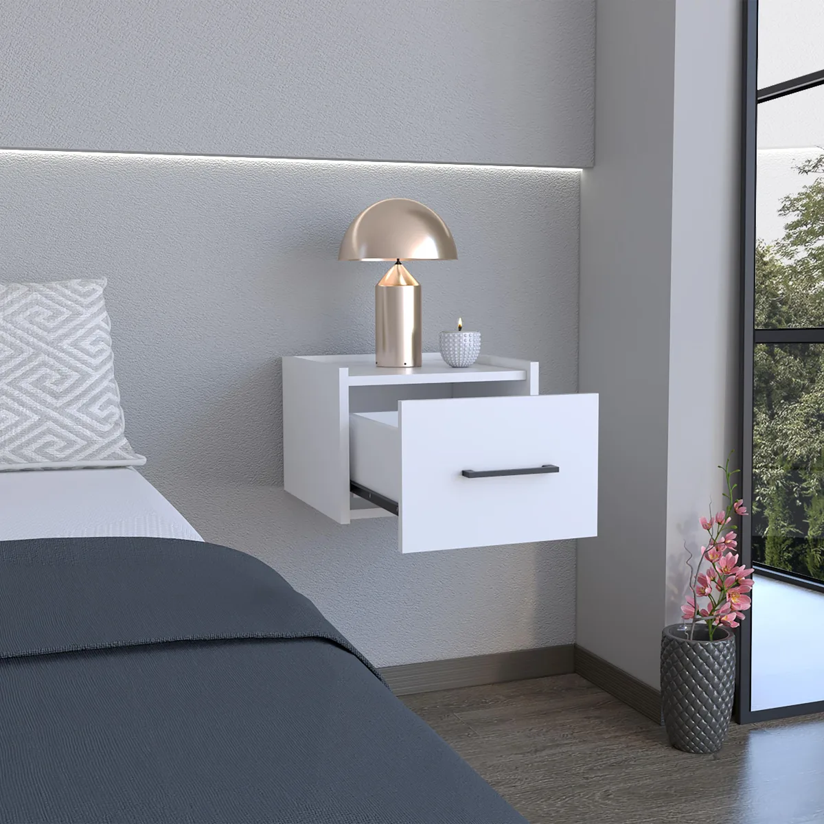 White wall-mounted nightstand with single drawer and top surface