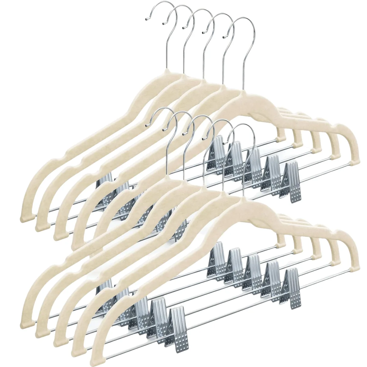 Ten ivory velvet hangers with clips, triangular shape