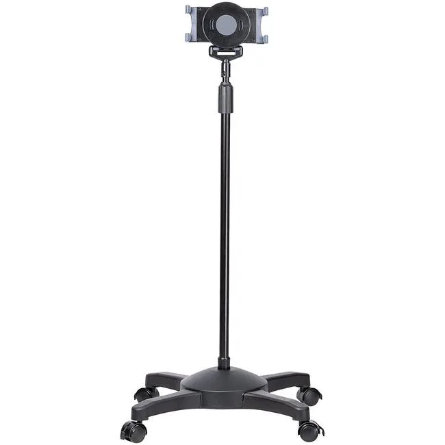 Silver metal rolling floor stand with four lockable wheels, adjustable vertical pole