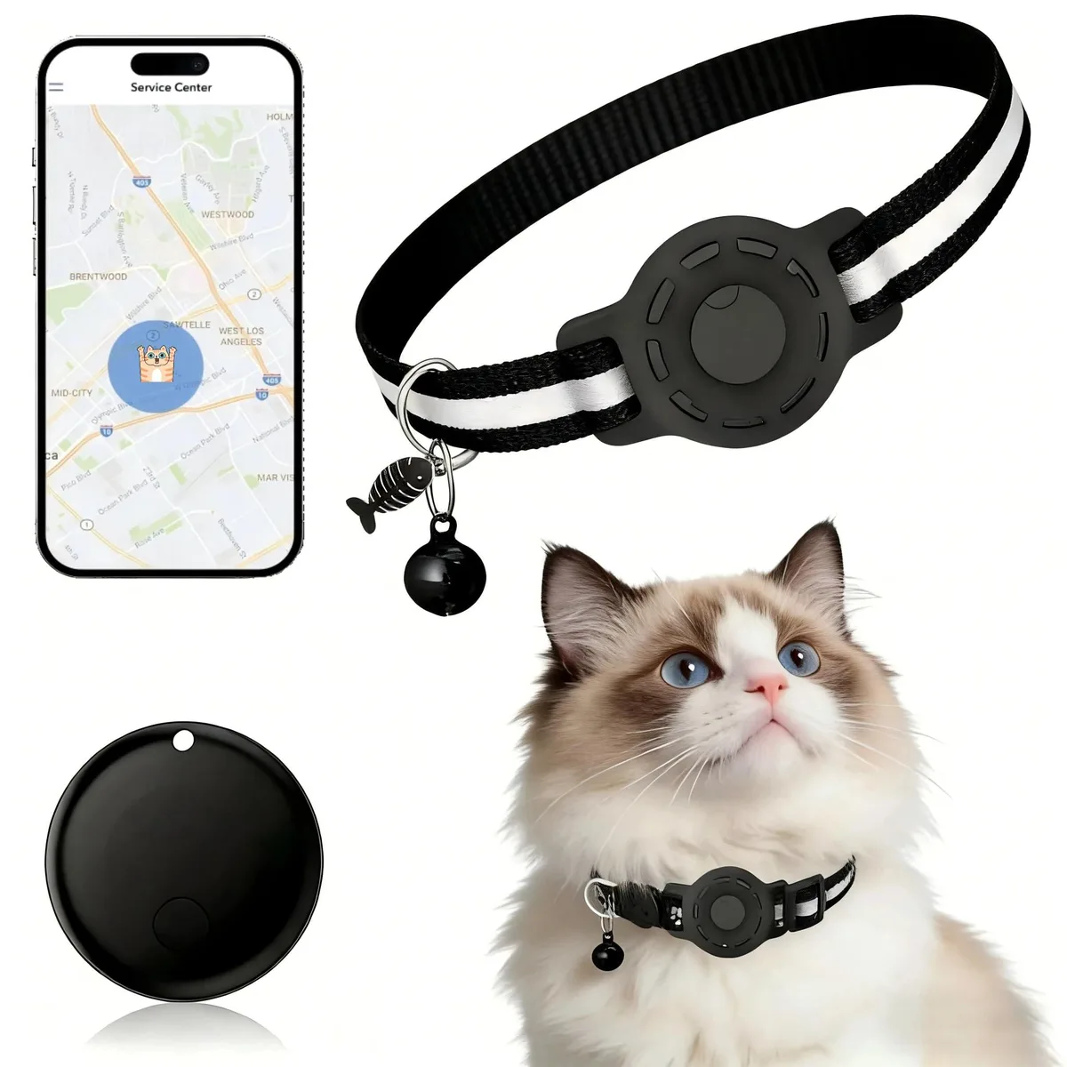 A small, lightweight GPS tracker unit in multi-coloured ABS plastic with an integrated adjustable collar loop, IP67 rated