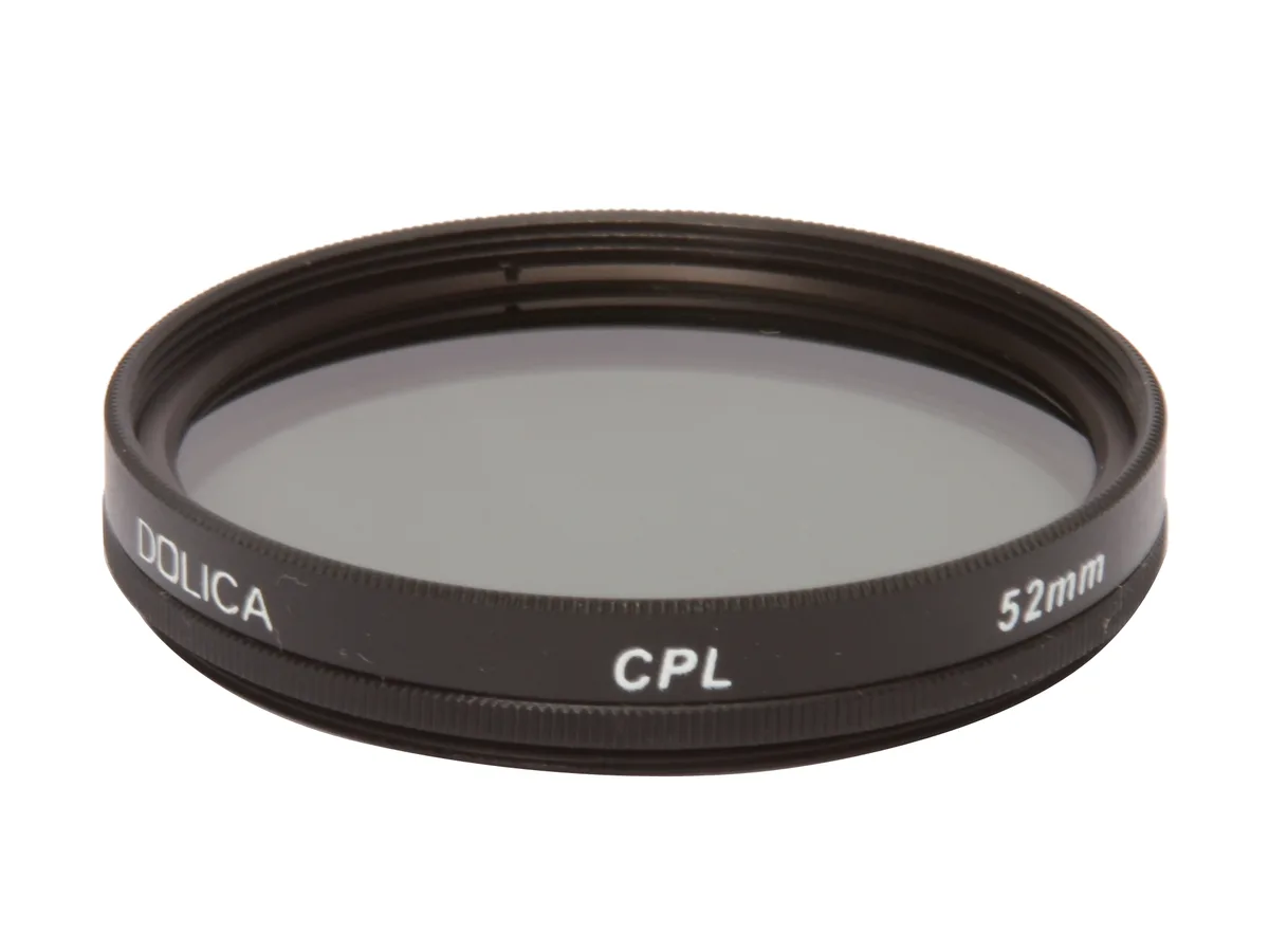 Thin 52mm circular polarizer filter with black metal ring and neutral grey glass