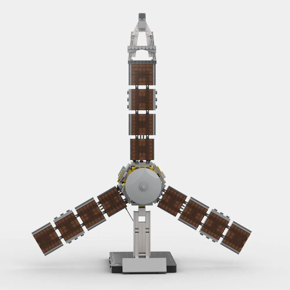 Colourful plastic brick kit forming a Juno space probe model, 1267 pieces