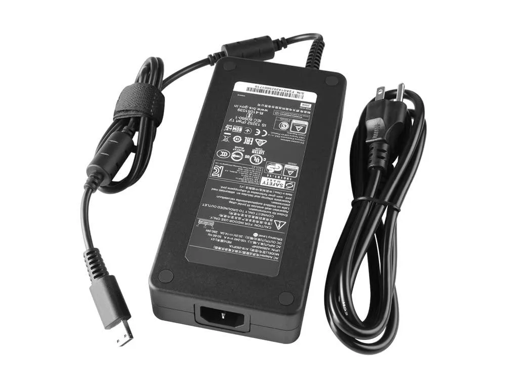 Black rectangular power adapter with USB tip connector and US plug cord