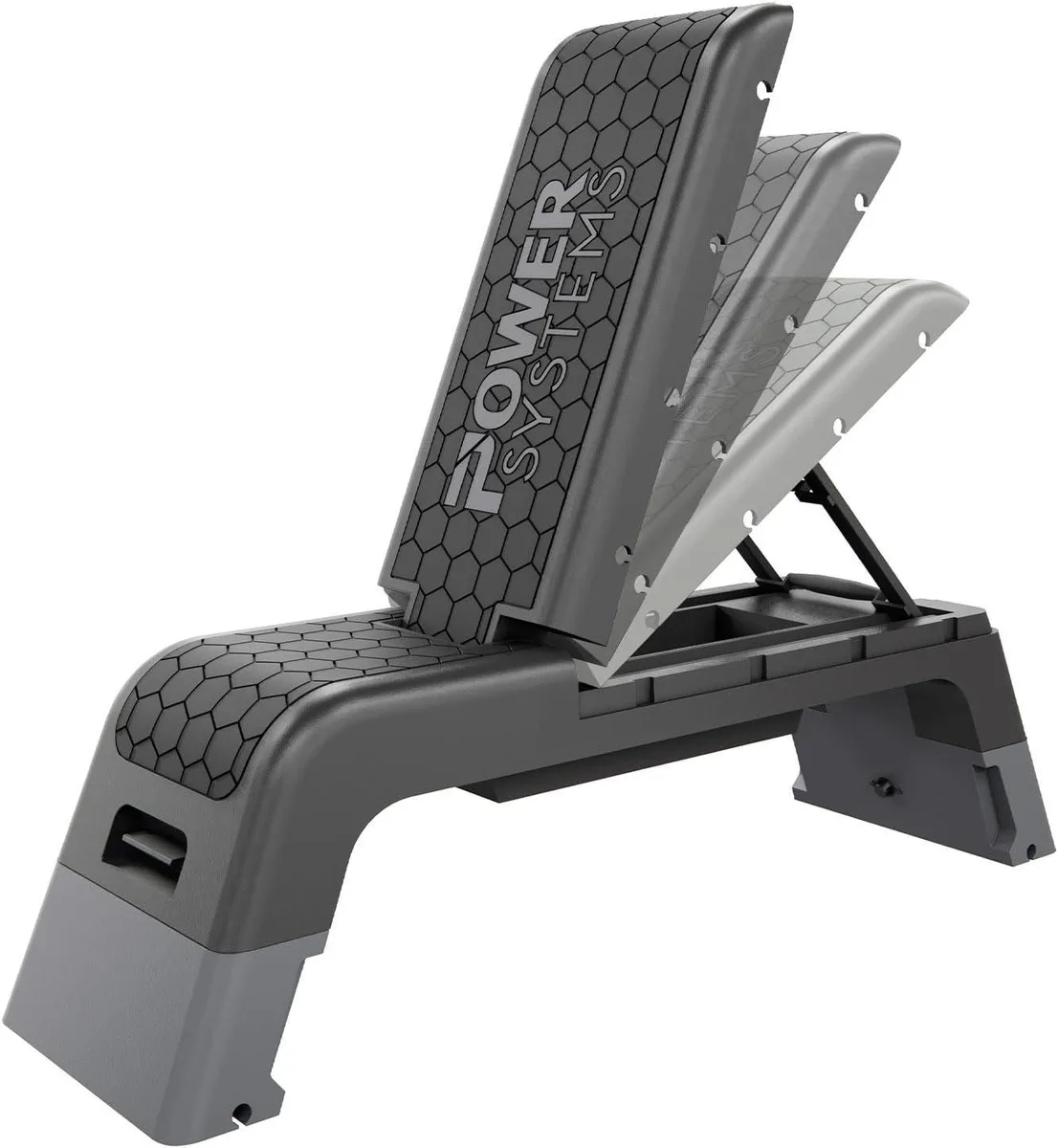 Dark gray and black adjustable step bench with textured rubber surface and folded legs