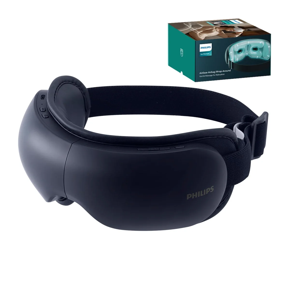Blue Philips eye massager, curved headset shape, soft PU finish