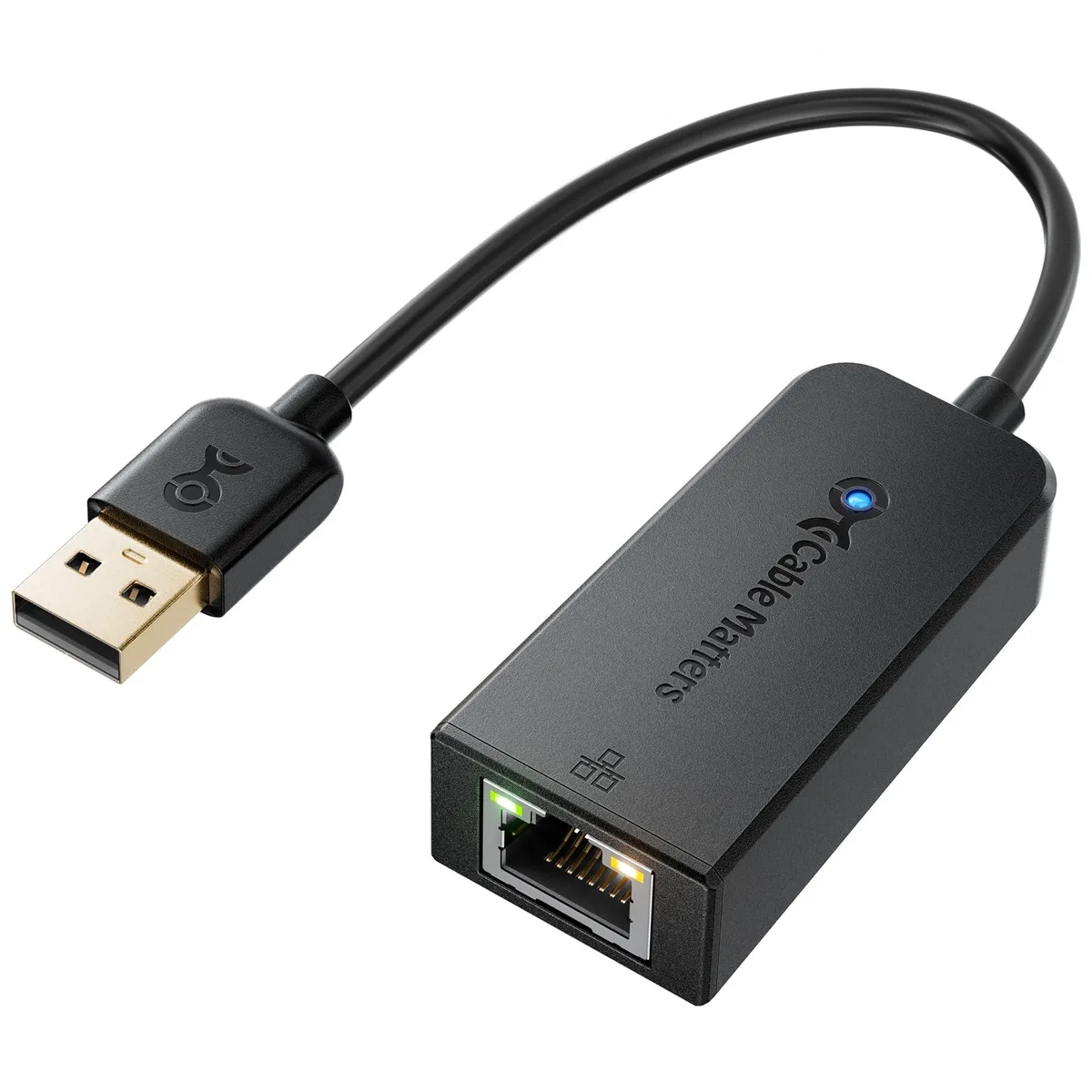 Small black USB-A dongle with short cable and RJ45 port