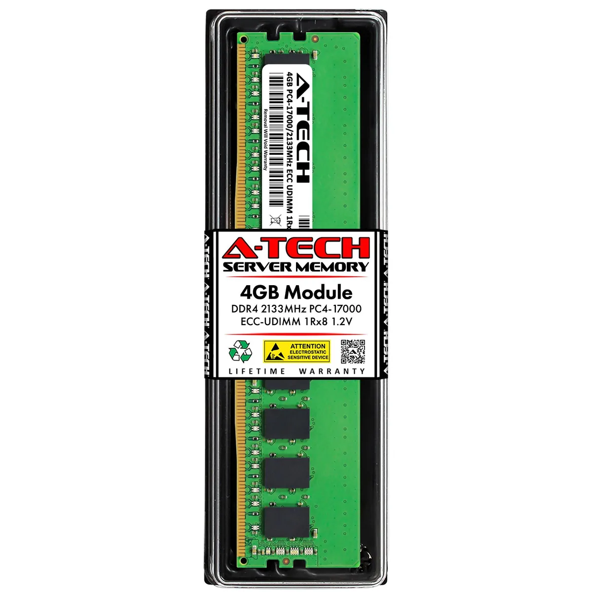 Green circuit board DDR4 memory module with black chips and gold contacts