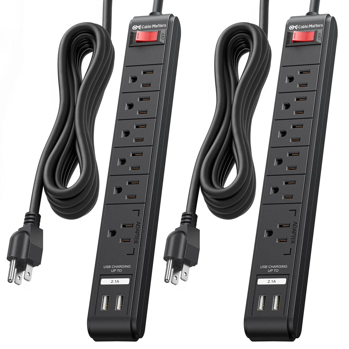  Cable Matters 2-Pack 6-Outlet Surge Protector Power Extension Cord 12ft USB Black 402025-BLK-12x2 — product photo