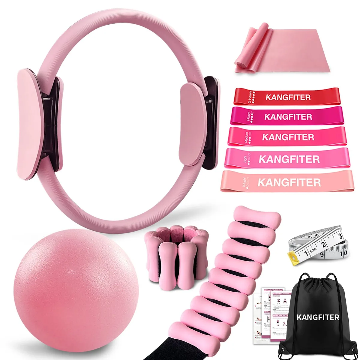 Pink 11-piece Pilates kit with ring ball weights and bands