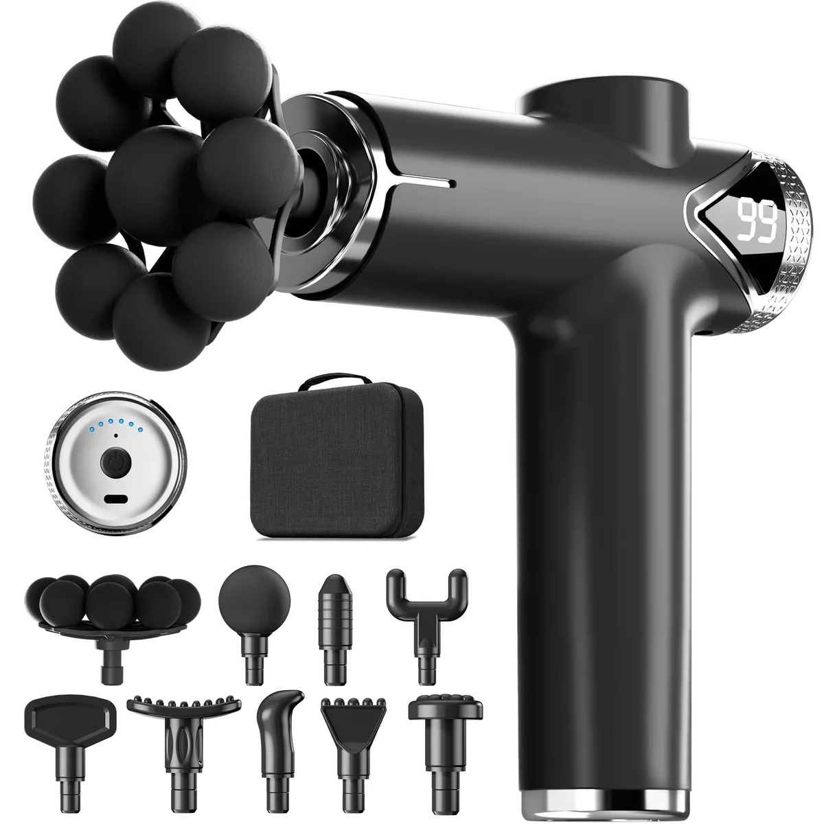 Blue handheld percussion massager with nine-ball cluster head and interchangeable attachments