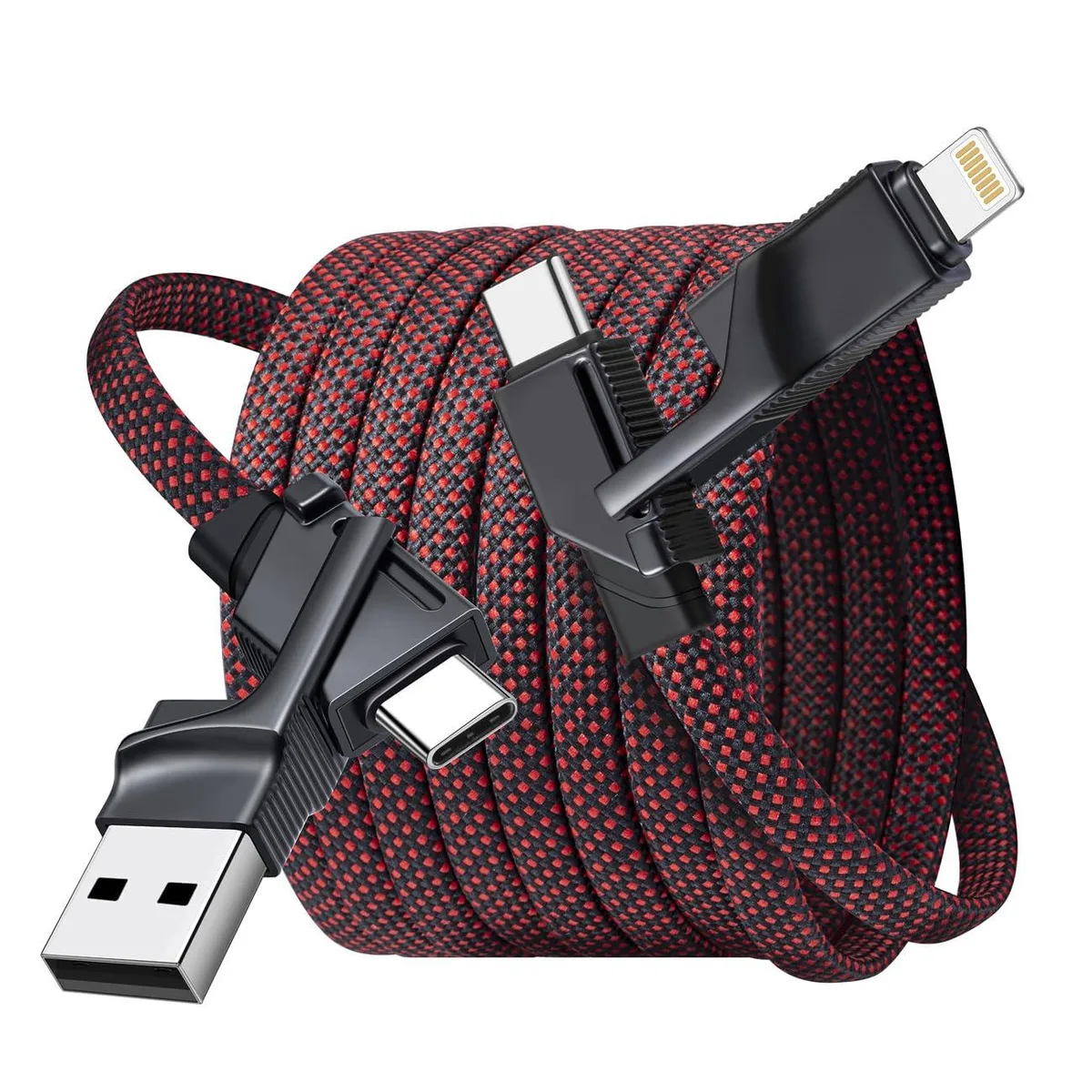 Red braided 4-in-1 cable with USB-A, USB-C and Lightning connectors
