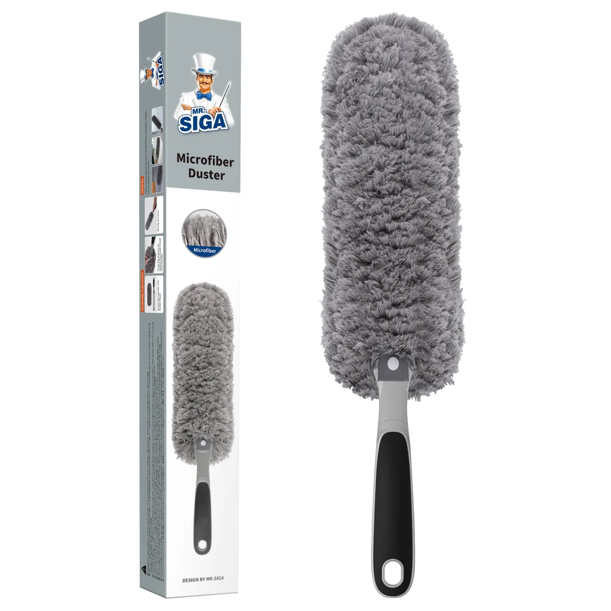 Gray microfiber duster with rubber grip handle, 45.5 cm long