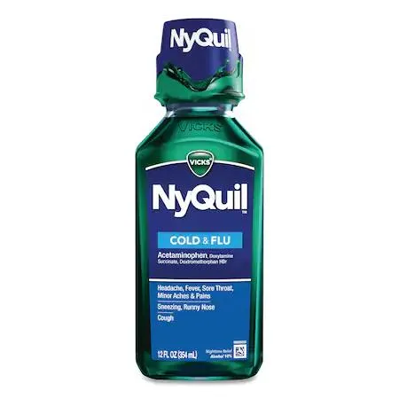 Twelve clear 12 oz bottles of Vicks NyQuil nighttime liquid in a carton