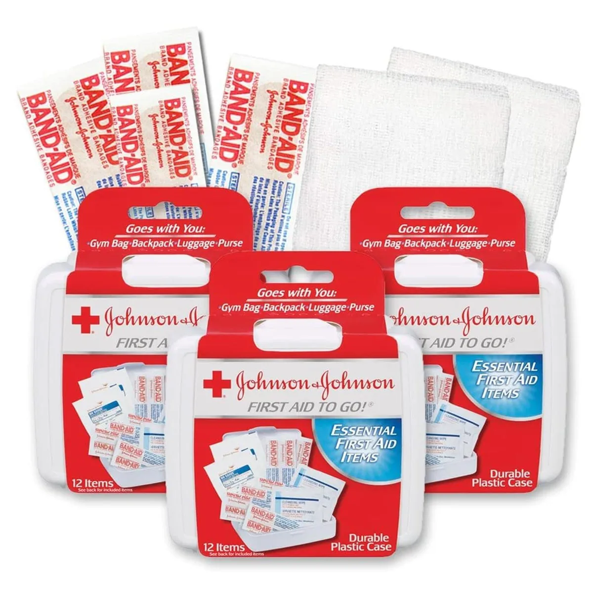 Three compact first aid kits in durable plastic cases, 12 items each, 108 total count