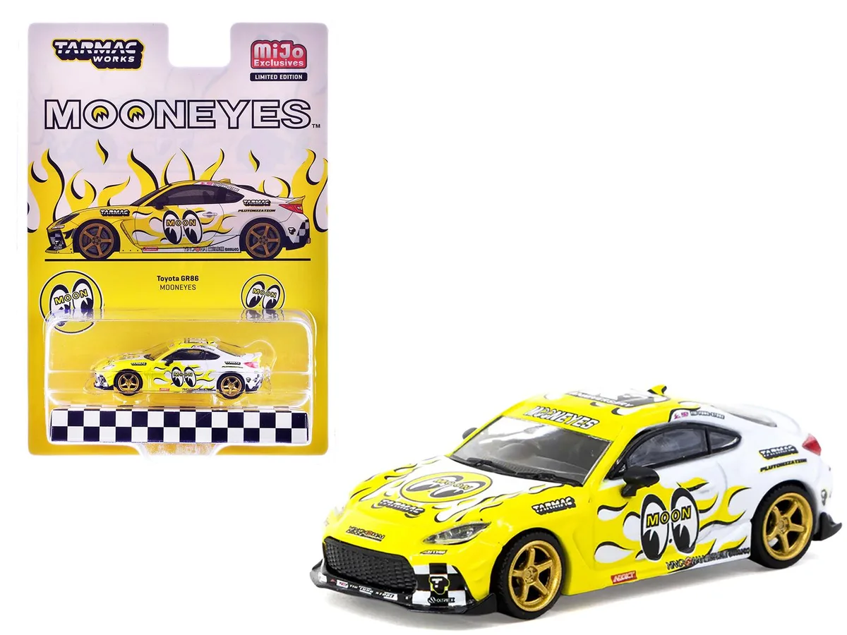 Tarmac Works Tarmac Works Toyota GR86 RHD MoonEyes White Yellow Flames Global64 1/64 Diecast — product photo