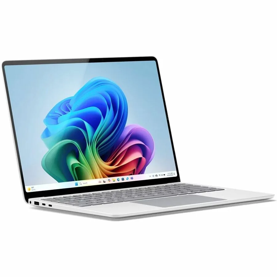 Platinum aluminium laptop, 13.8 inch touchscreen, thin bezel, USB-C and USB-A ports visible