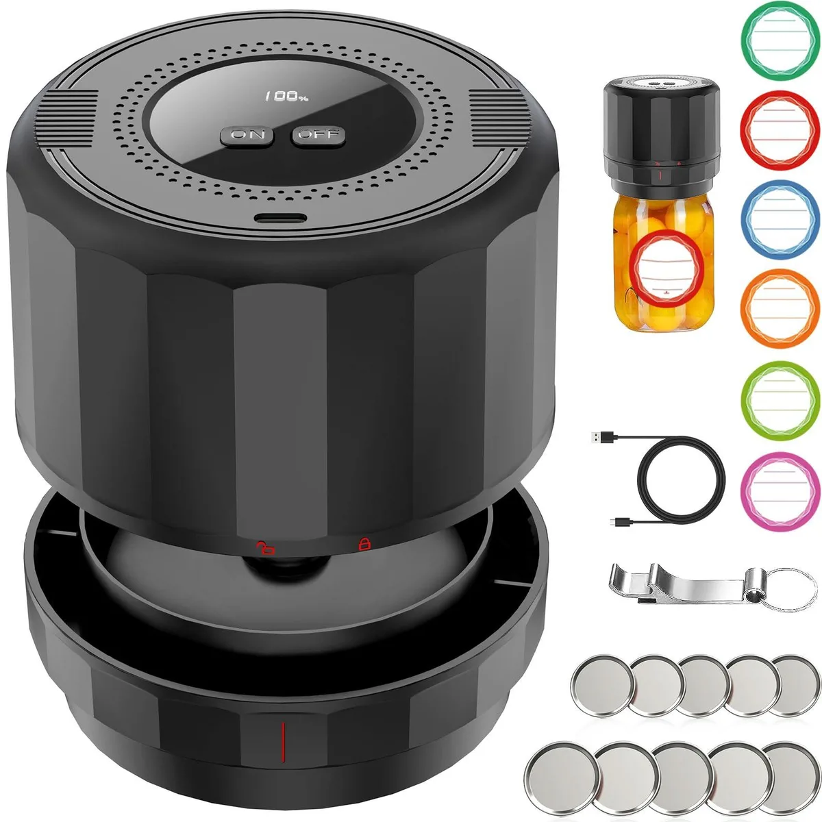 Compact black electric jar sealer with wide and regular mouth lid adapters