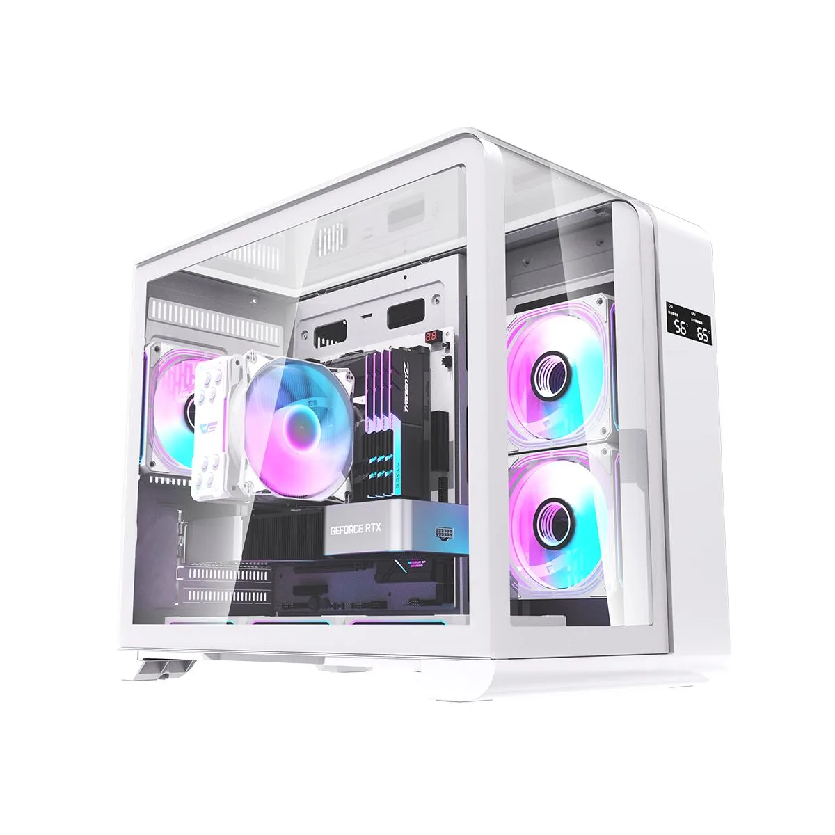White micro-ATX tower with curved glass on three sides, dual digital displays and three ARGB fans visible behind the front panel