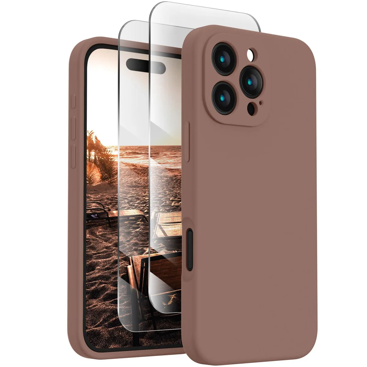 Light brown silicone case for iPhone 16 Pro Max with camera cover and microfiber lining