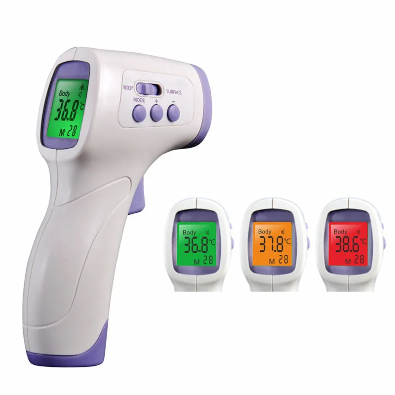 White handheld infrared thermometer with LCD display and trigger button