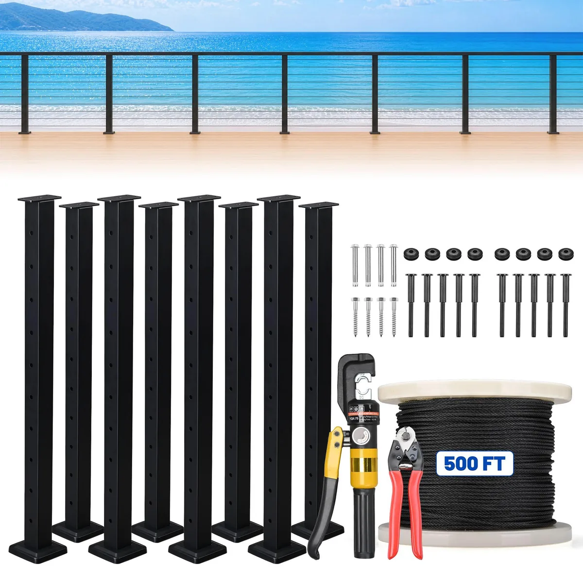 Yescom USA, Inc. Yescom USA, Inc. 25CRP-LX8-SET-06 36" Black Cable Railing Post x8 1/8" 500ft 25-35ft Set — product photo