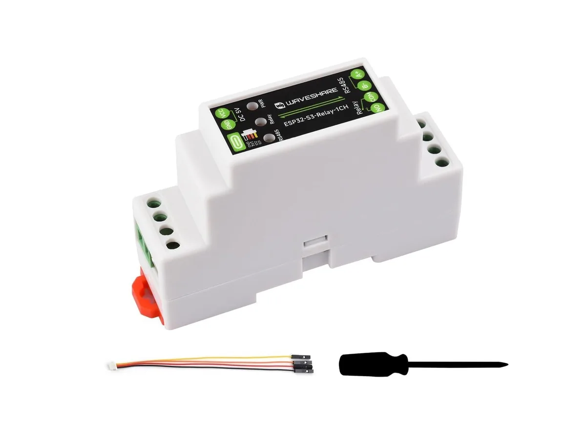 Green circuit board with relay and USB-C port inside grey DIN-rail plastic enclosure