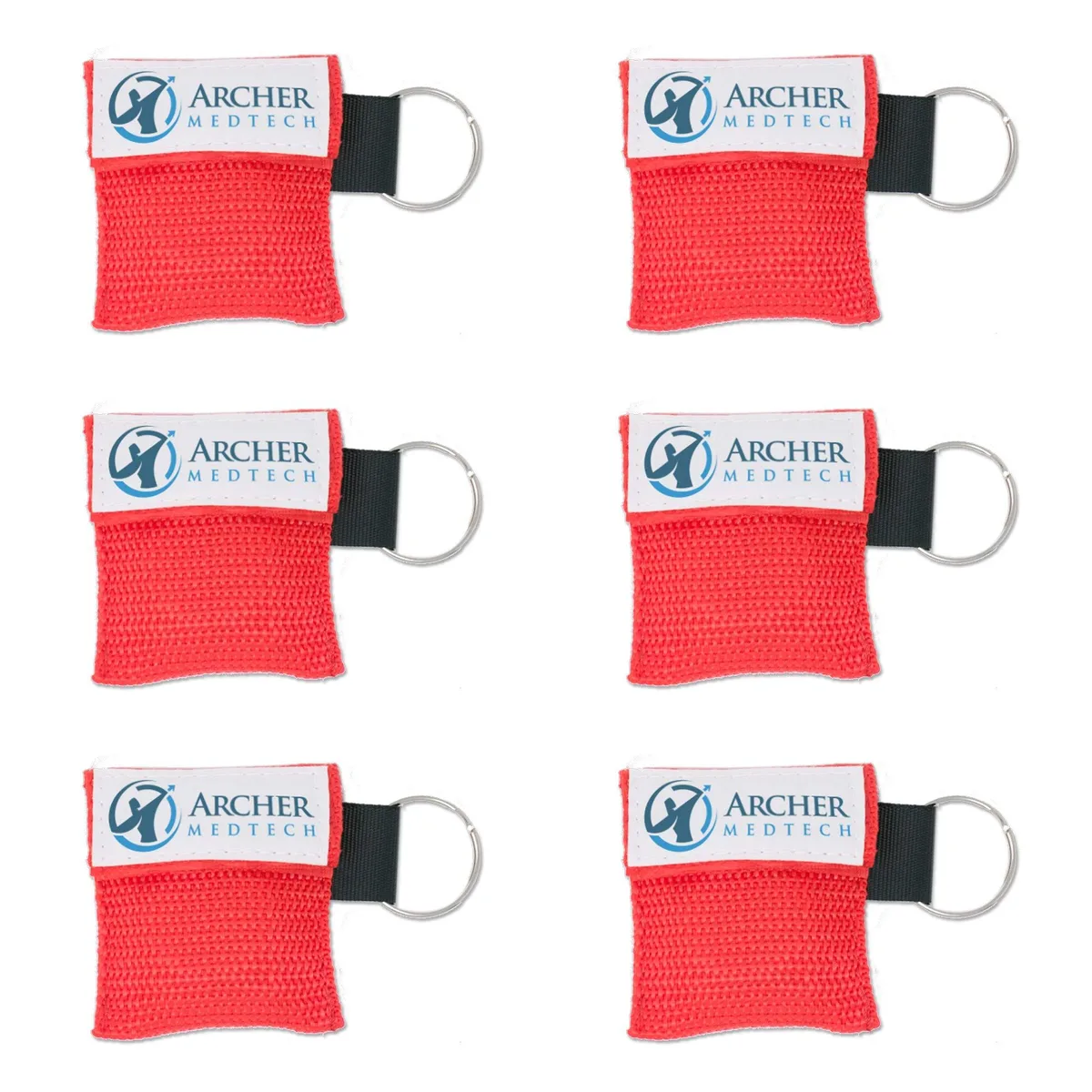 Six red nylon pouches on key rings each holding a CPR face shield with one-way valve