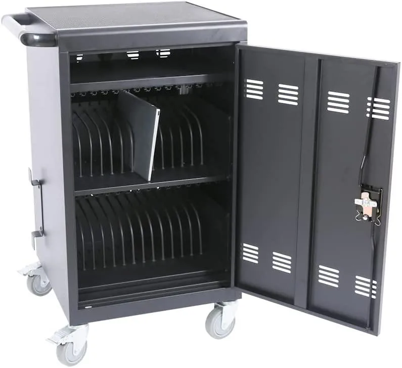 Black steel charging cart with front and back doors, side handle and four wheels for 36 devices up to 16 inch