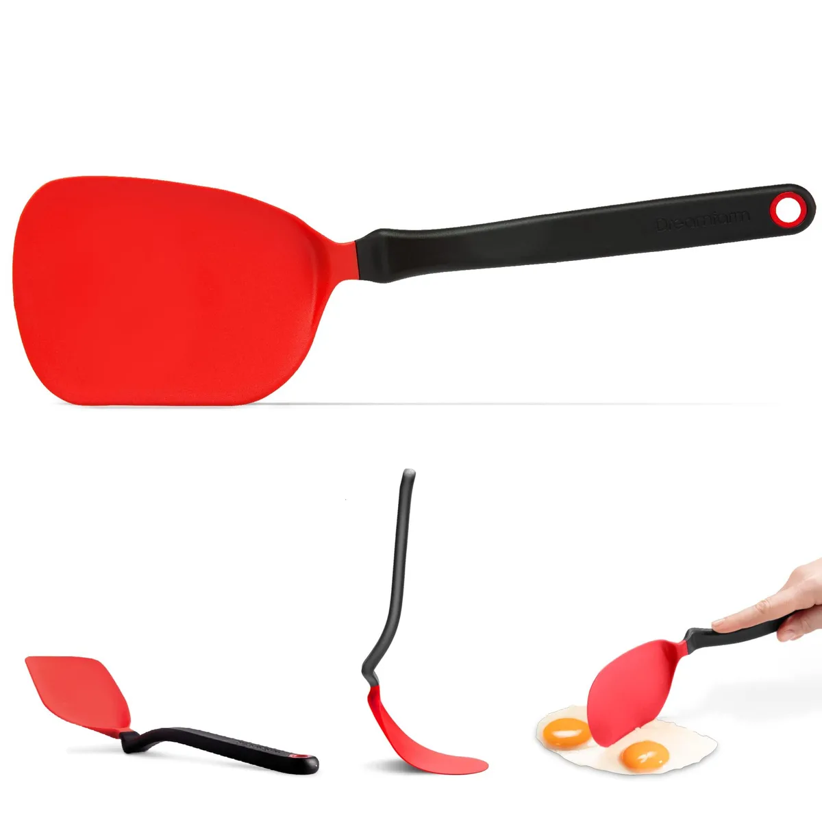 Red nylon spatula with angled flexible head and sit-up handle 30 cm long