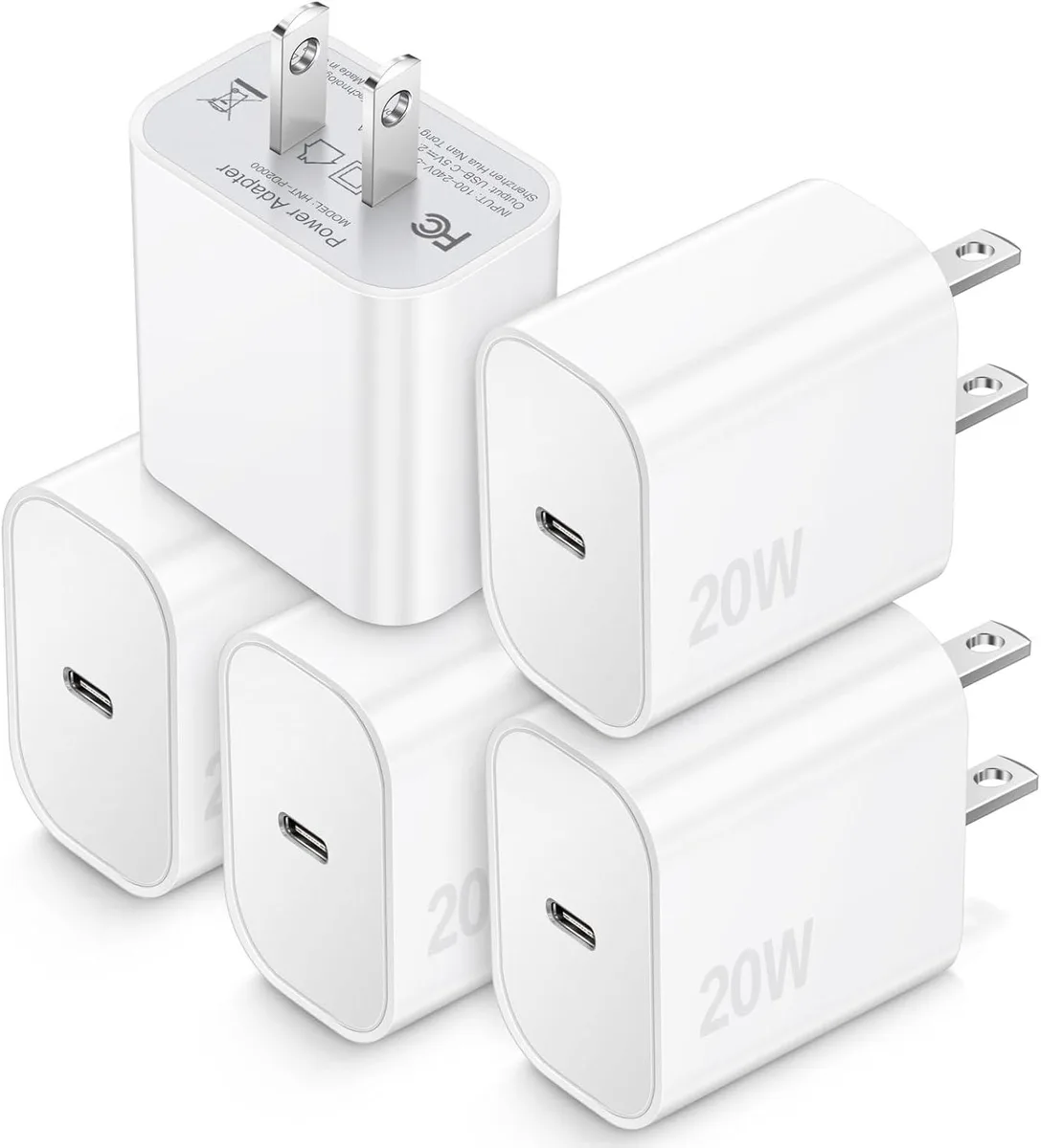 Five compact white USB-C wall charger cubes in a row