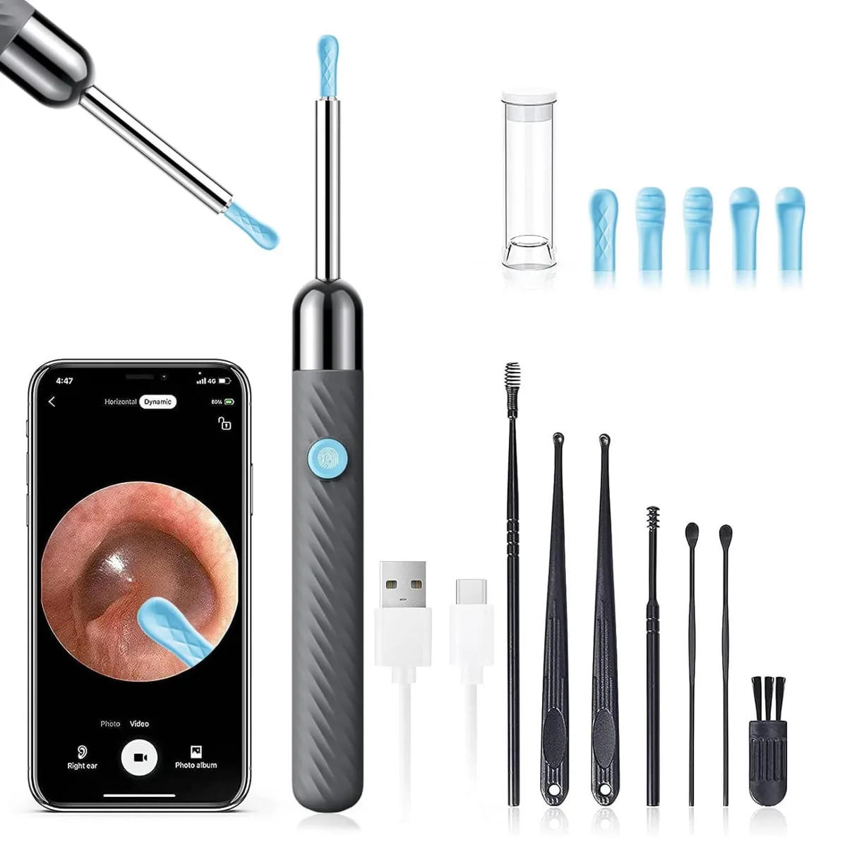 Grey ear-cleaning otoscope with 1080P camera and spoon attachments